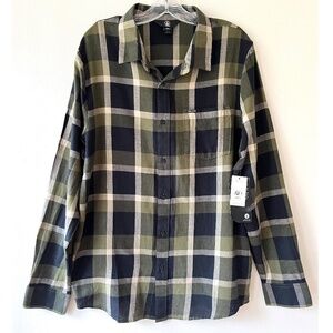 Volcom Size L Curwin LS Jersey Flannel Shirt Green Black Plaid Button Up Cotton